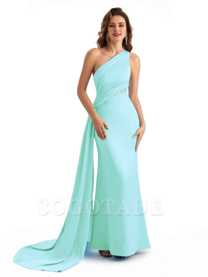 Sexy Mermaid Silky Satin One Shoulder Lace See Through Long Bridesmaid Dresses Online
