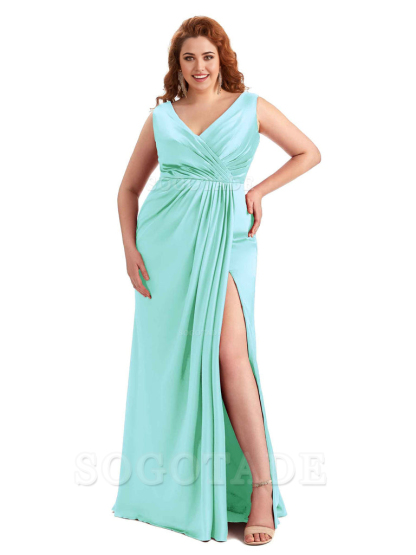 Mermaid V-Neck Satin formal dresses evening gown Bridesmaid Dresses With Side Slit 