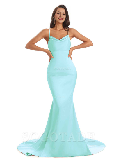 Sexy Backles Soft Satin Spaghetti Straps Maxi Mermaid Bridesmaid Dresses Online prom shop dresses