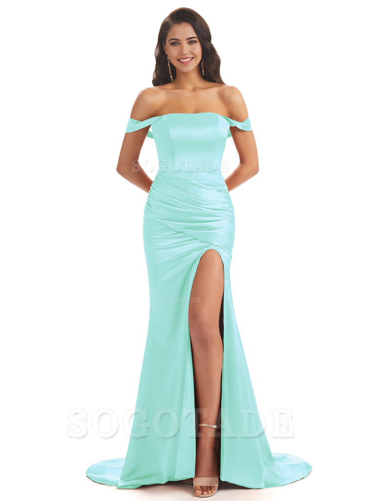 Mermaid Off Shoulder Floor-Length Satin formal dresses evening gown Bridesmaid Dresses With Side Slit 