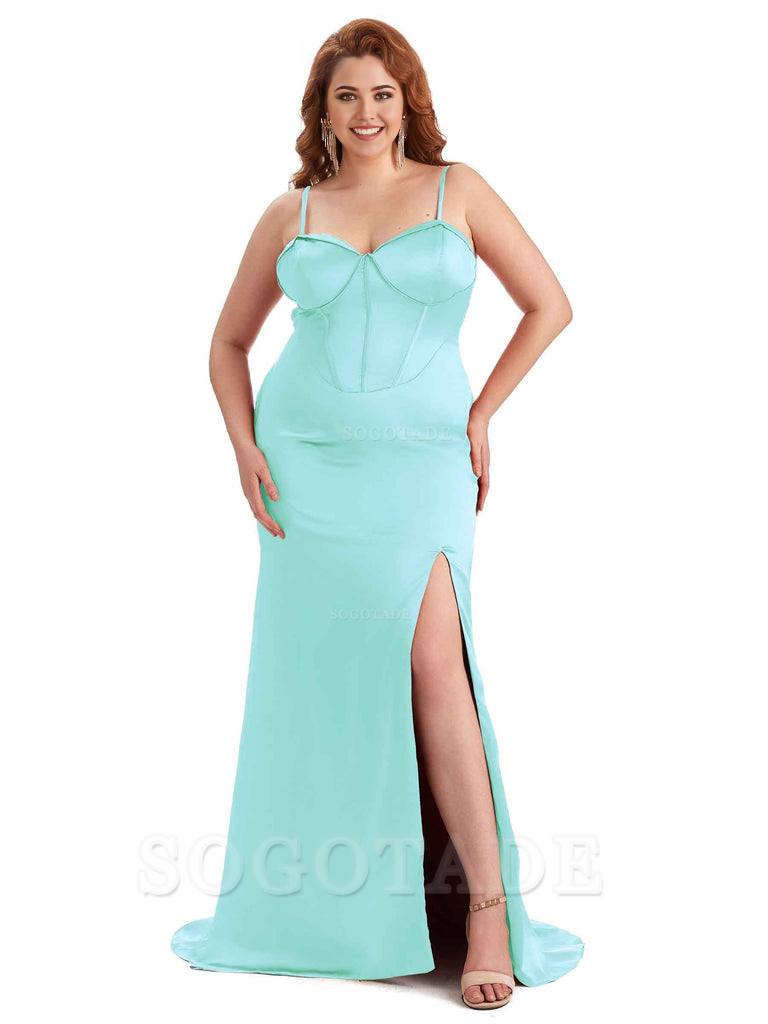 Sexy Spaghetti Straps Side Slit Sleeveless Mermaid Soft Satin Long Bridesmaid Dress Plus Size Dress To Wear to a Wedding
