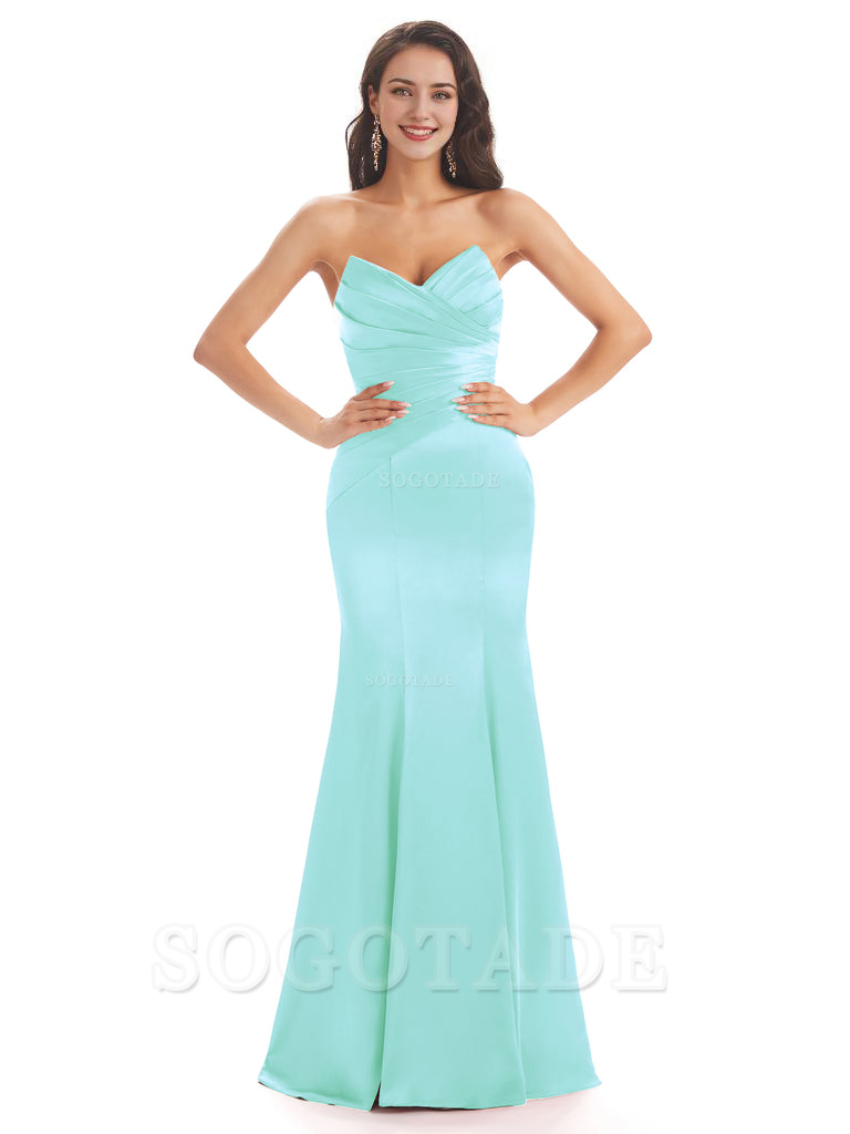 Simple Strapless Sweetheart Soft Satin Mermaid Long Bridesmaid Dresses prom shop dresses