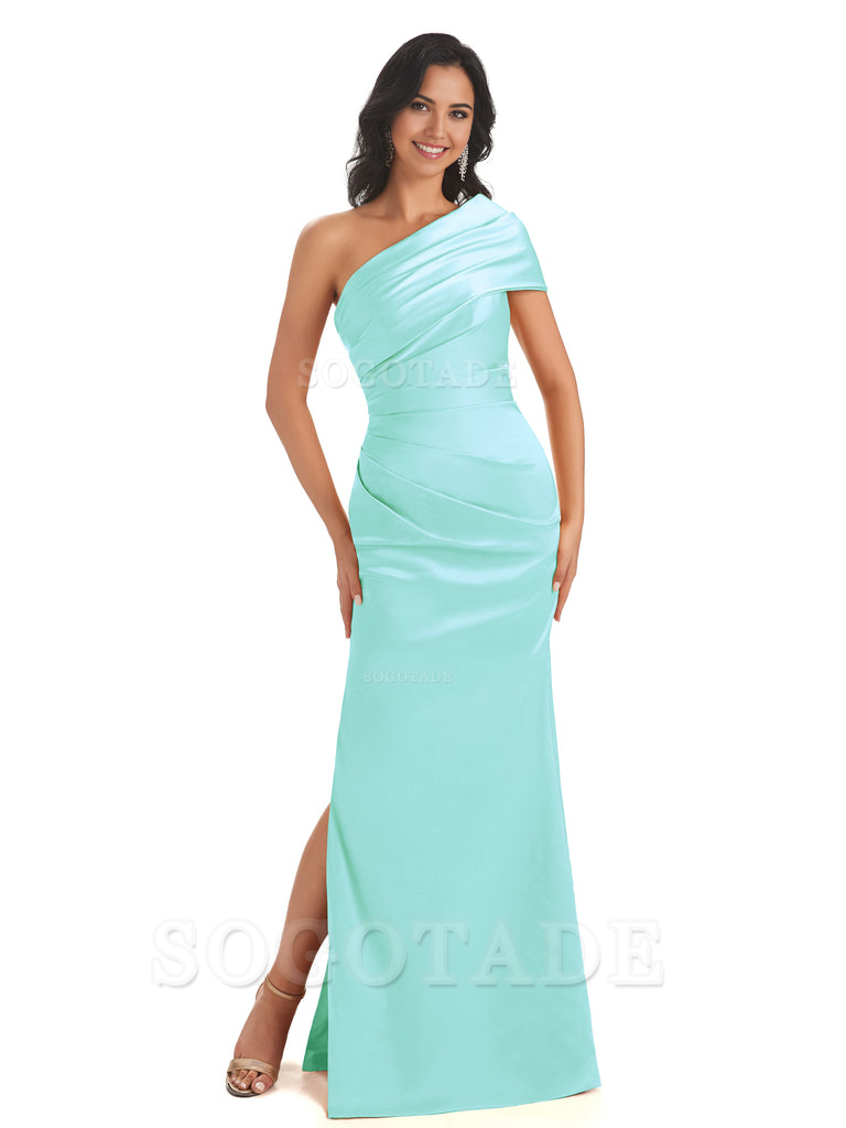 Mermaid One Shoulder Satin Long formal dresses evening gown Bridesmaid Dresses With Side Slit 