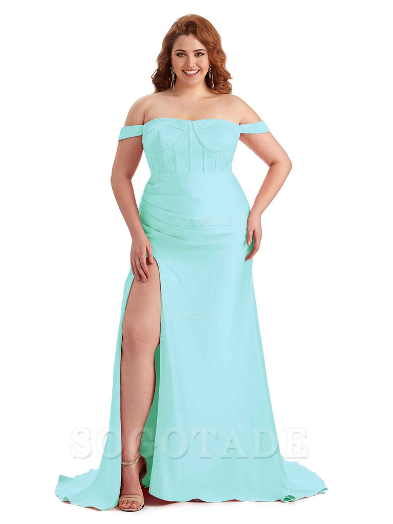 Elegant Off The Shoulder Side Slit Mermaid Soft Satin Floor Length Long Plus Size Bridesmaid Gowns