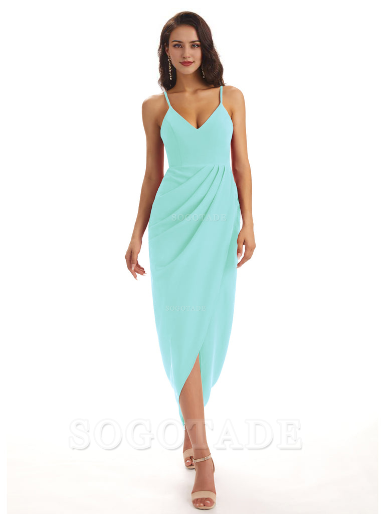 Simple Soft Satin Spaghetti Straps Mermaid Midi Bridesmaid Dresses prom shop dresses