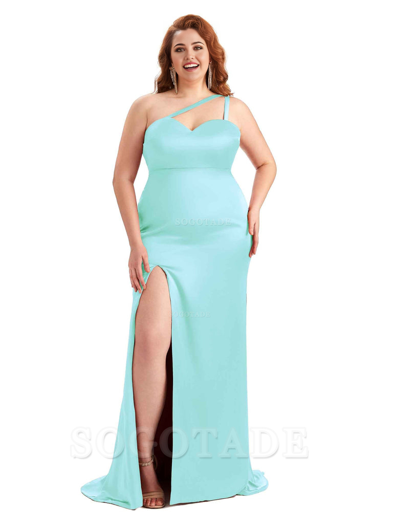 Sexy Side Slit Sleeveless Mermaid One Shoulder Soft Satin Long Plus Size Bridesmaid Dress For Wedding