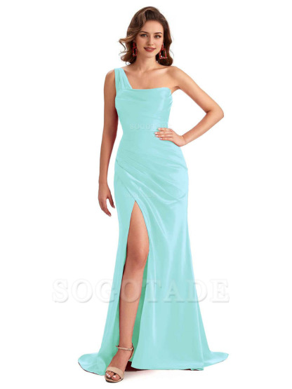 Sexy One Shoulder Side Slit Silky Satin Chic Long Mermaid Trumpet Bridesmaid Dress