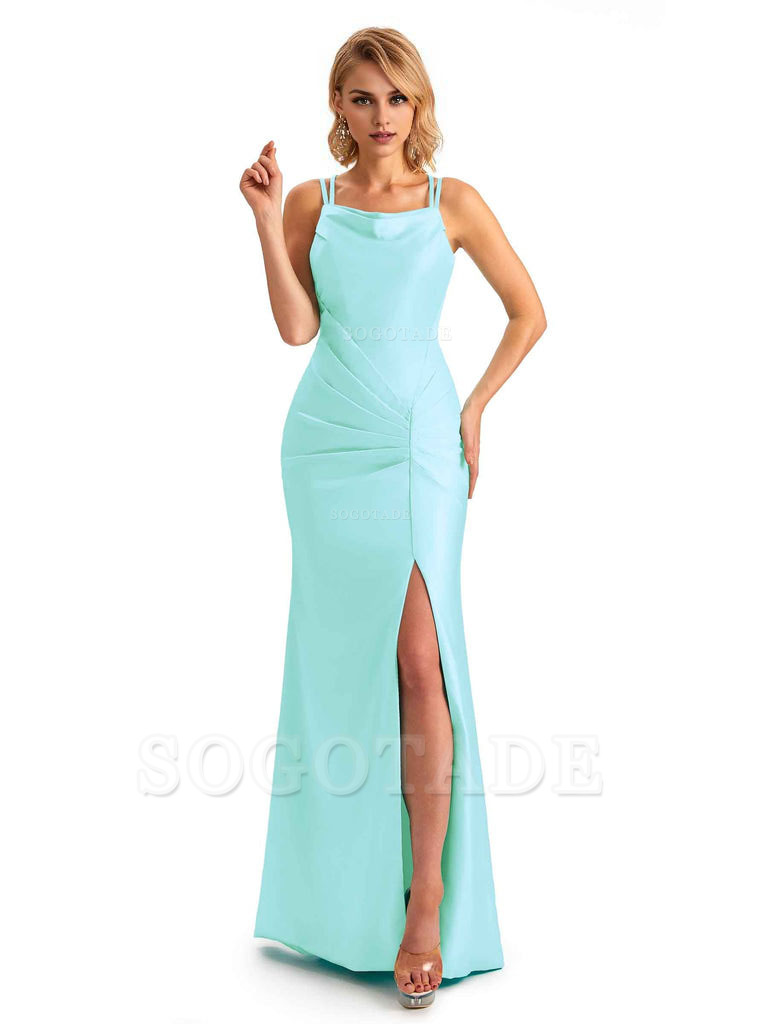 Soft Satin Spaghetti Straps Side Slit Long Unique Mermaid Beautiful Dresses For Wedding