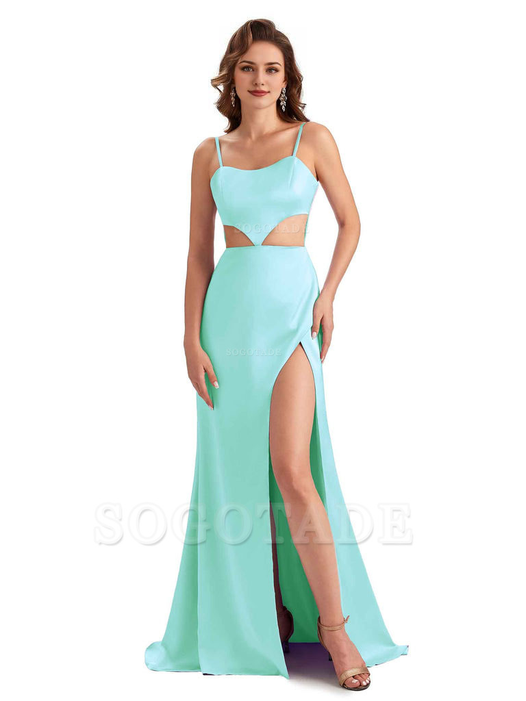 Sexy Satin Side Slit Spaghetti Straps Mermaid Long Unique Curve Wedding Guest Dresses
