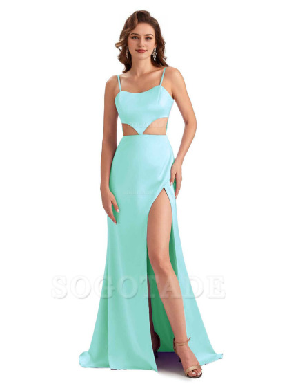 Sexy Satin Side Slit Spaghetti Straps Mermaid Long Unique Curve Wedding Guest Dresses