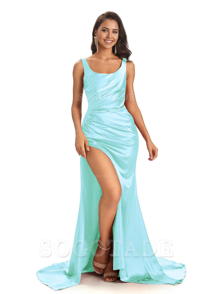 Mermaid Scoop Floor-Length Satin formal dresses evening gown Bridesmaid Dresses 