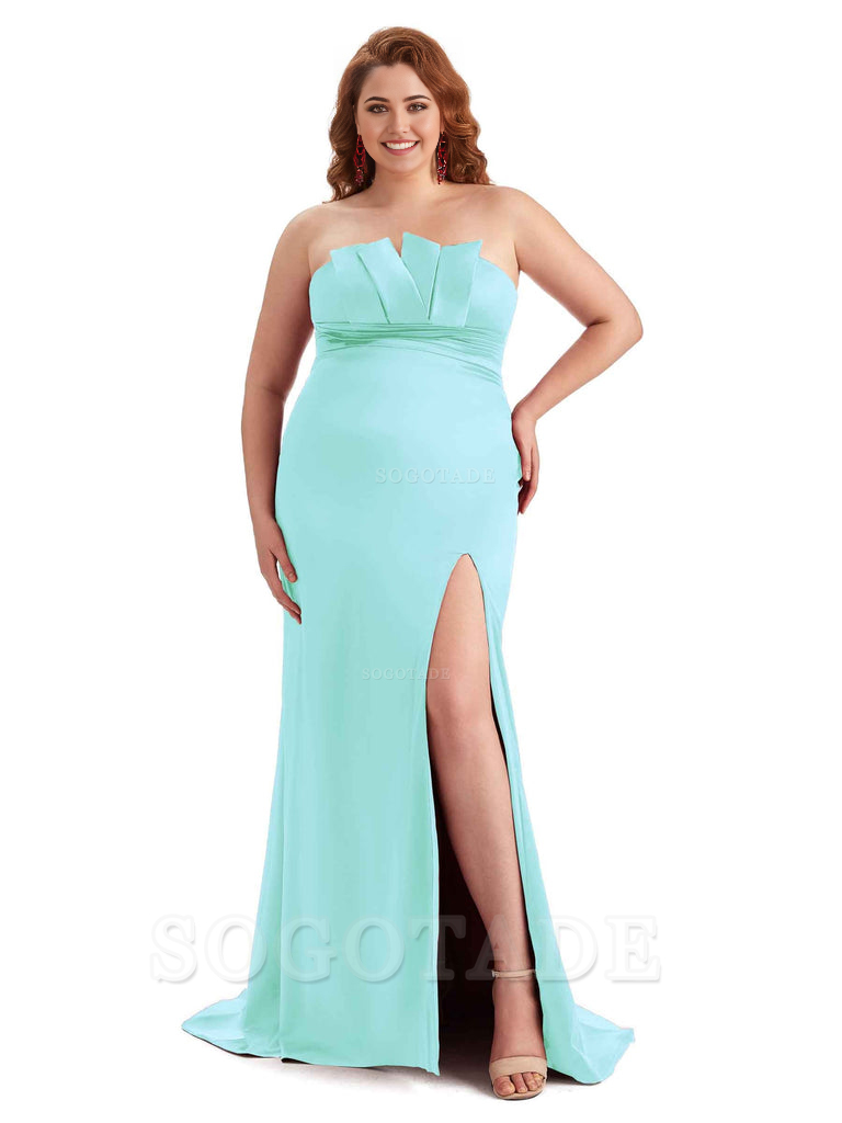 Sexy Side Slit Sleeveless Mermaid Soft Satin Long Plus Size Wedding Party Dresses For Wedding