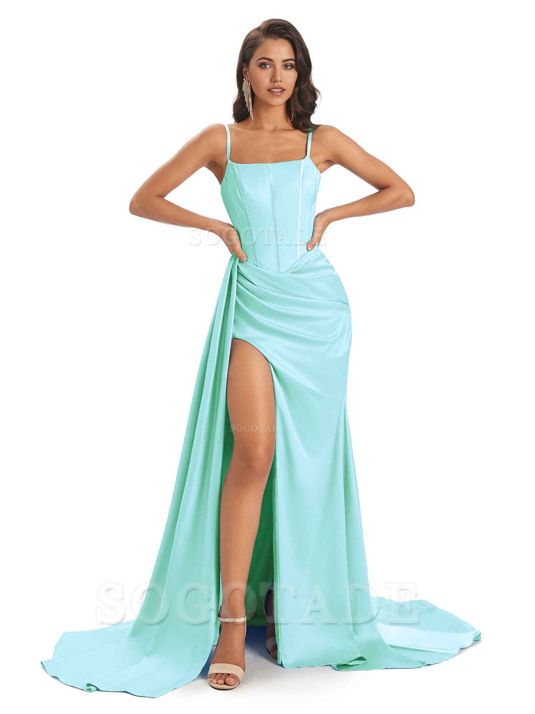 Spaghetti Straps Floor-Length Satin formal dresses evening gown Bridesmaid Dresses With Side Slit 