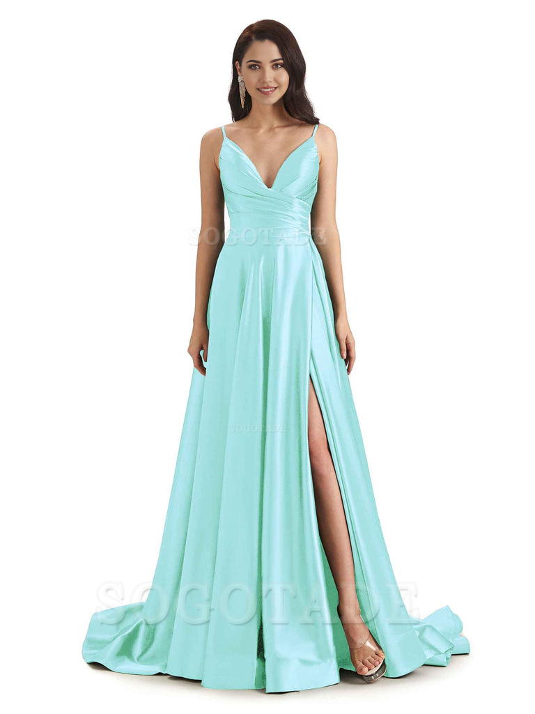 Spaghetti Straps Satin formal dresses evening gown Bridesmaid Dresses With Side Slit 