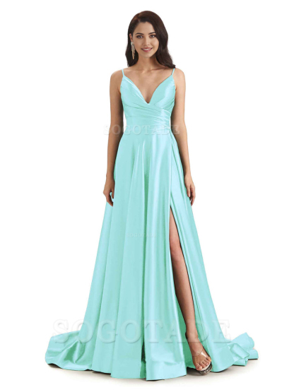 Spaghetti Straps Satin formal dresses evening gown Bridesmaid Dresses With Side Slit 