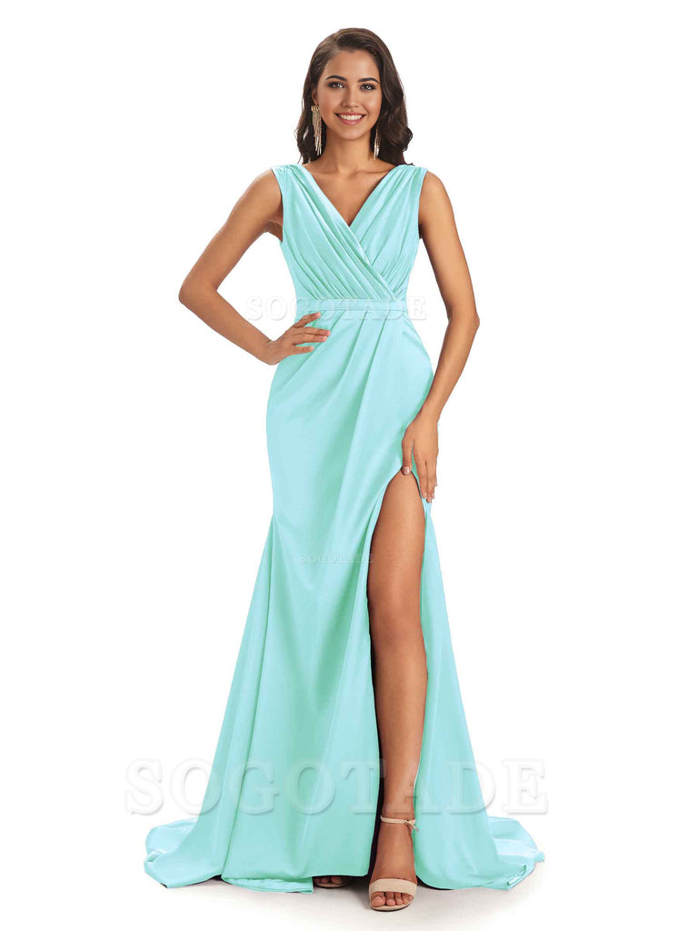 A-line V-neck Floor-Length Satin formal dresses evening gown Bridesmaid Dresses With Side Slit 