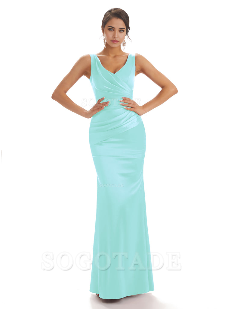 Sheath Sleeveless V-neck Floor-Length Satin formal dresses evening gown Bridesmaid Dresses With Pleats 