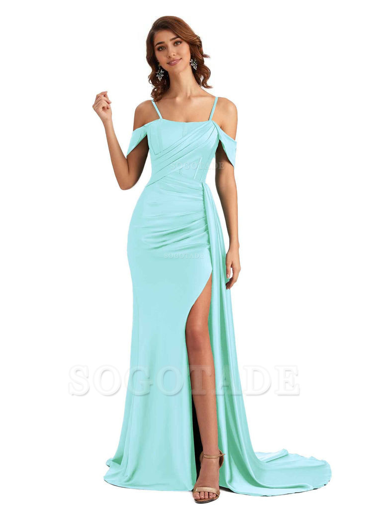 Sexy Side Slit Cold Shoulder Mermaid Satin Chic Long Wedding Guest Dresses