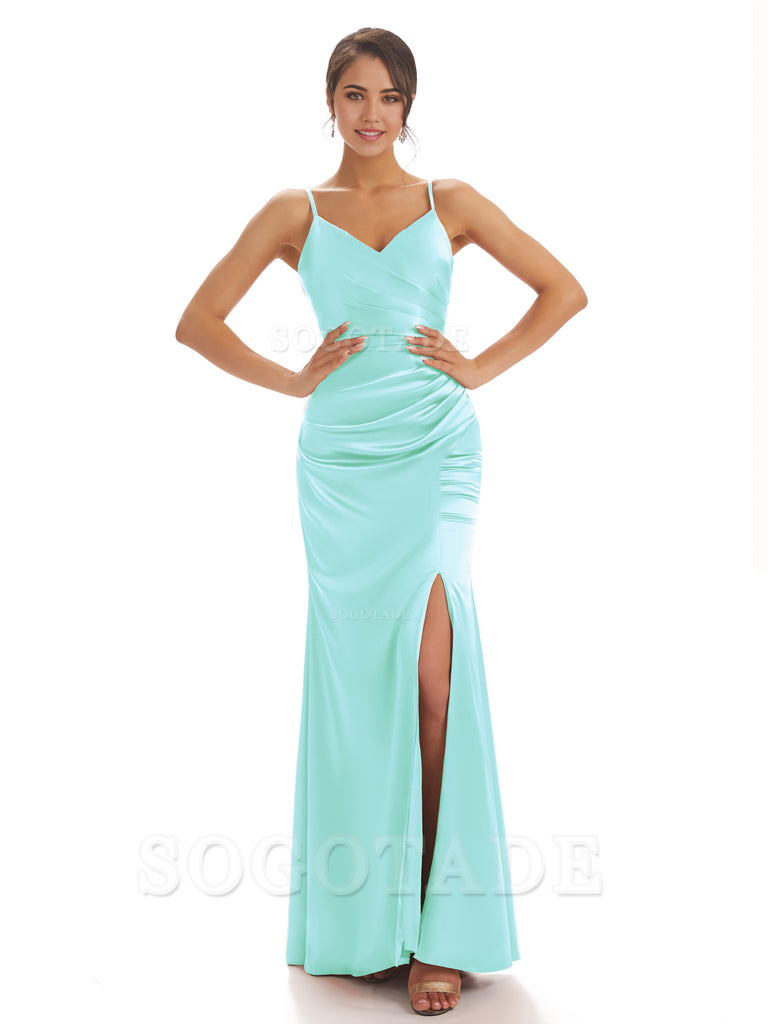 Spaghetti Straps Pleats Satin formal dresses evening gown Bridesmaid Dresses With Side Slit 