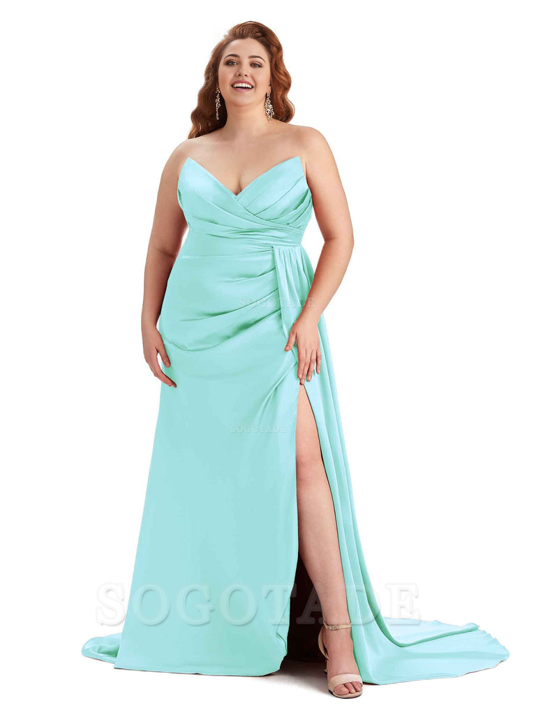 Sexy V-neck Side Slit Sleeveless Mermaid Soft Satin Long Plus Size Bridesmaid Gowns