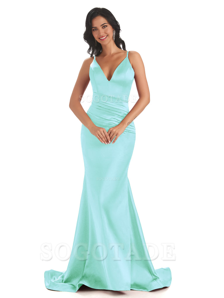 Mermaid Spaghetti V-Neck Straps Satin Long formal dresses evening gown Bridesmaid Dresses With Side Slit 