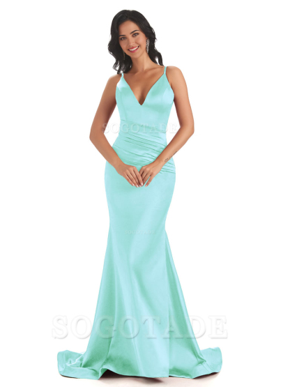 Mermaid Spaghetti V-Neck Straps Satin Long formal dresses evening gown Bridesmaid Dresses With Side Slit 