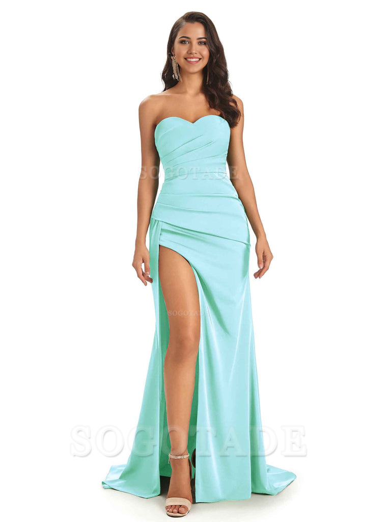 Mermaid Strapless Sweetheart Satin Long formal dresses evening gown Bridesmaid Dresses With Side Slit 