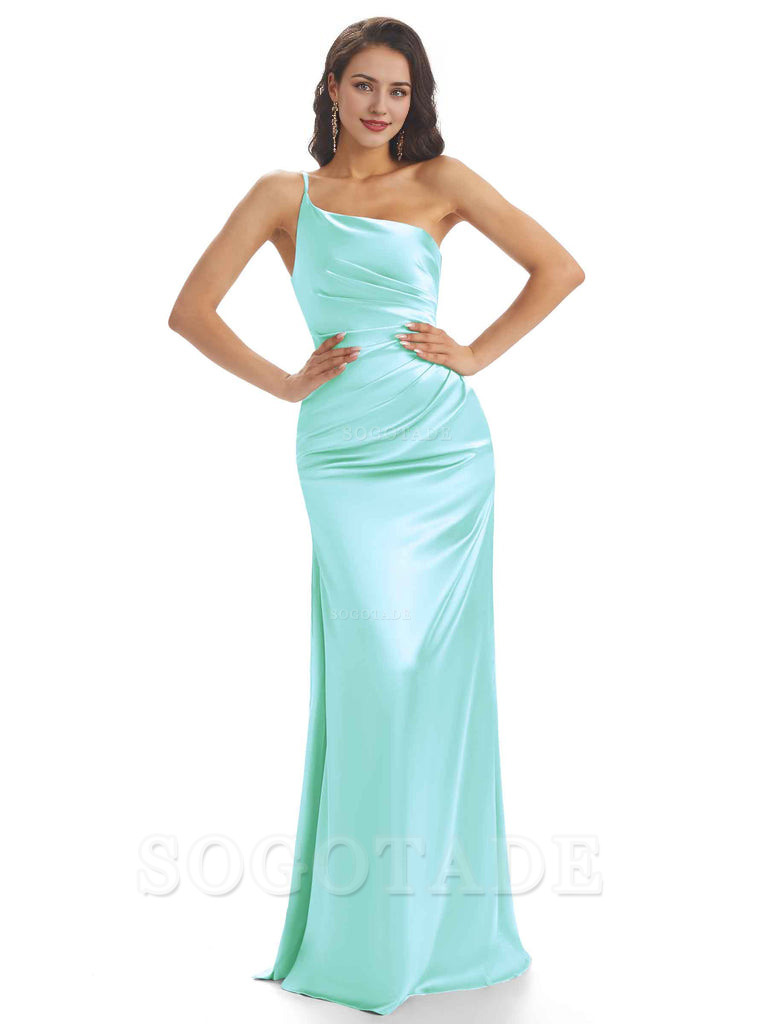 Sexy Soft Satin One Shoulder Side Slit Mermaid Long Bridesmaid Dresses prom dress shop ﻿