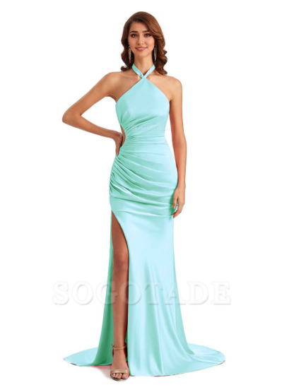 Sexy Halter Mermaid Silky Satin Unique Long Formal Wedding Guest Dresses