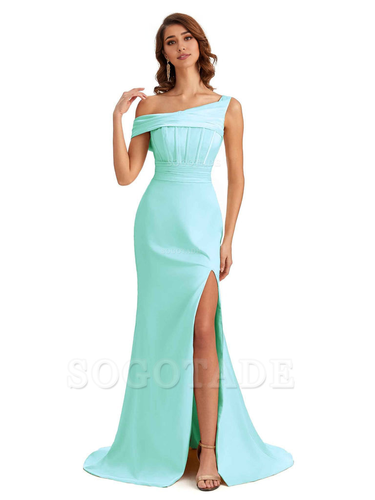 Elegant Asymmetrical Neck Soft Satin Side Slit Long Mermaid Bridesmaid Dresses