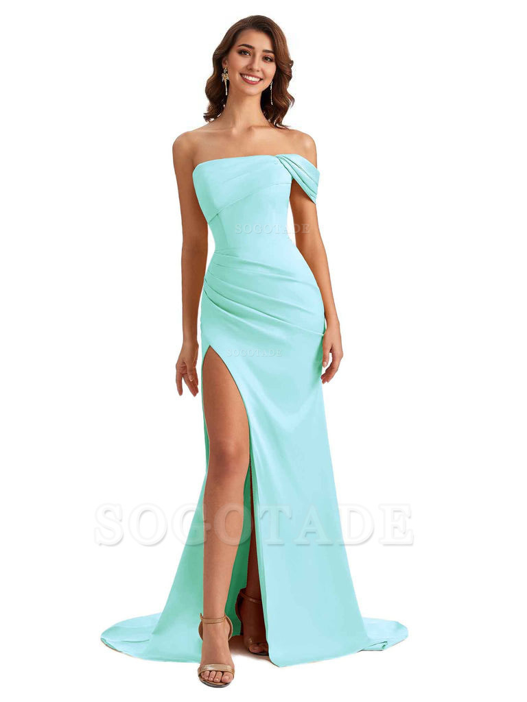 Unique One Shoulder Side Slit Satin Long Formal Dresses For Bridesmaid Dresses