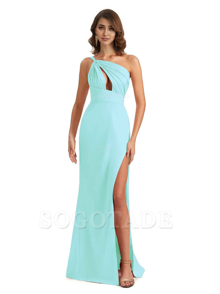 Sexy One Shoulder Silky Satin Unique Long Ladies Bridesmaid Dress For Wedding