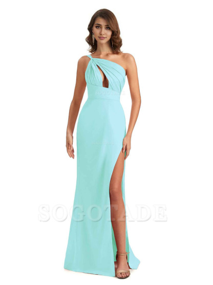 Sexy One Shoulder Silky Satin Unique Long Ladies Bridesmaid Dress For Wedding