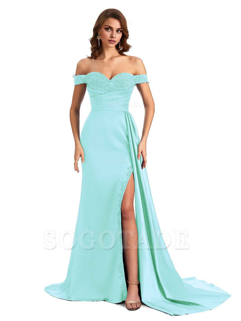 Sexy Off The Shoulder Mermaid Side Slit Silky Satin Long Bridesmaid Dress For Wedding