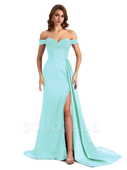 Sexy Off The Shoulder Mermaid Side Slit Silky Satin Long Bridesmaid Dress For Wedding