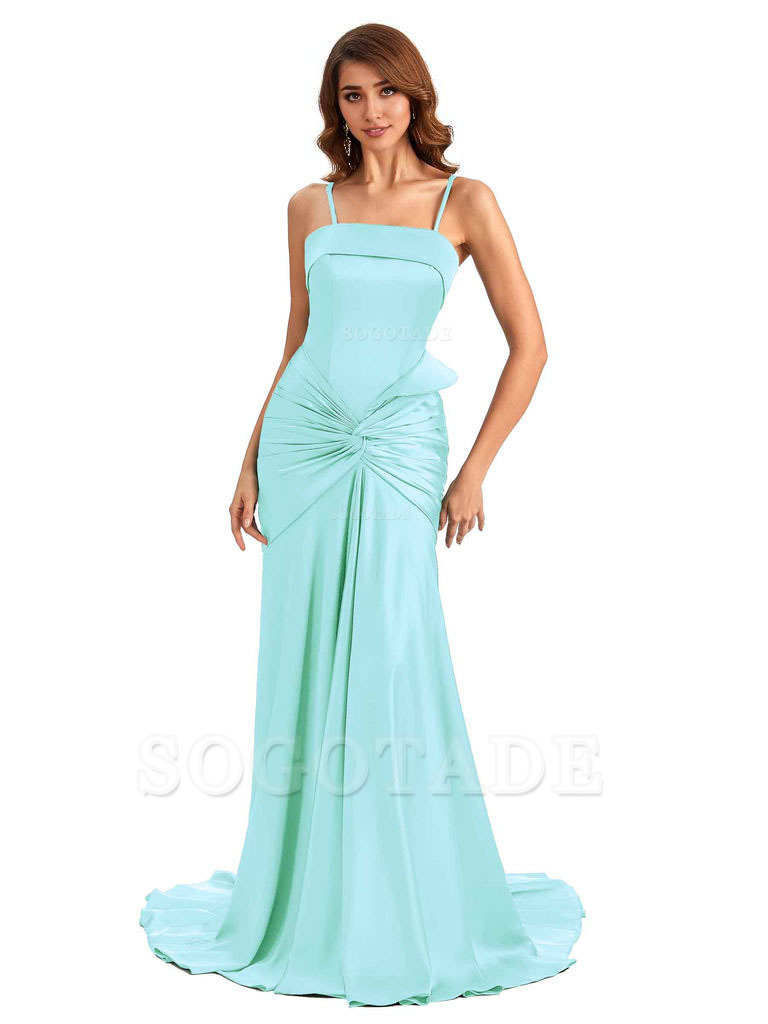 Sexy Mermaid Spaghetti Straps Silky Satin Unique Long Bridesmaid Dress For Wedding