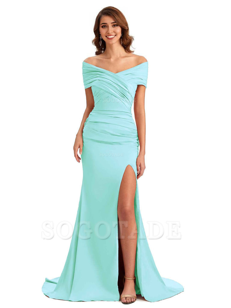 Sexy Off The Shoulder Side Slit Mermaid Satin Unique Long Formal Wedding Guest Dresses