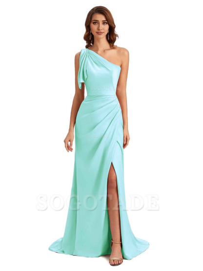 Sexy One Shoulder Mermaid Side Slit Unique Silky Satin Bridesmaid Dresses 