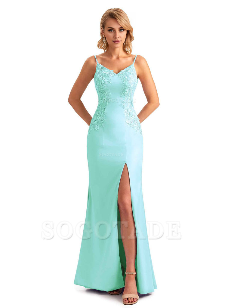 Sexy Side Split Mermaid Spaghetti Straps Soft Satin Unique Lace Long Bridesmaid Dresses