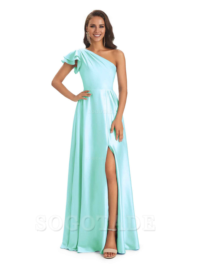 A-Line One Shoulder Ladies Long Bridesmaid Dresses Soft Satin Side Slit Elegant Evening Party Dress