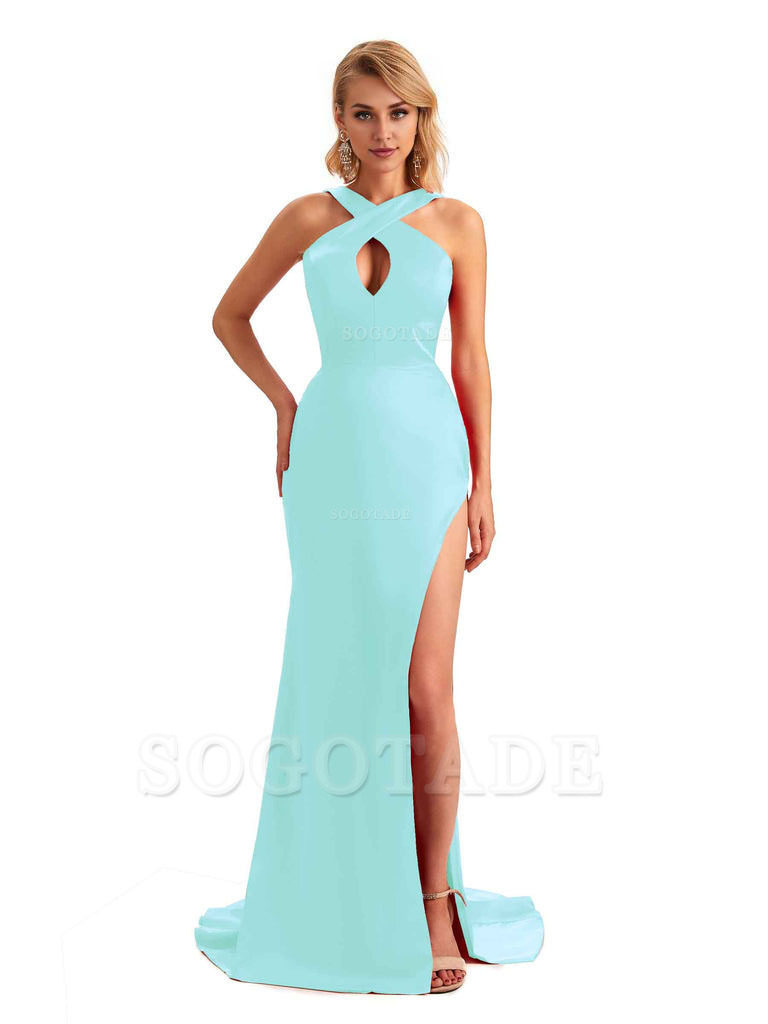 Sexy Side Slit Halter Mermaid Silky Satin Unique Long Formal Wedding Bridesmaid Dresses