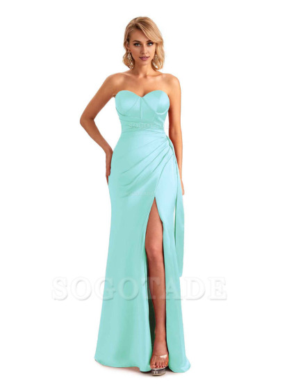 Sexy Side Slit Strapless Mermaid Soft Satin Unique Long Bridesmaid Dress For Wedding
