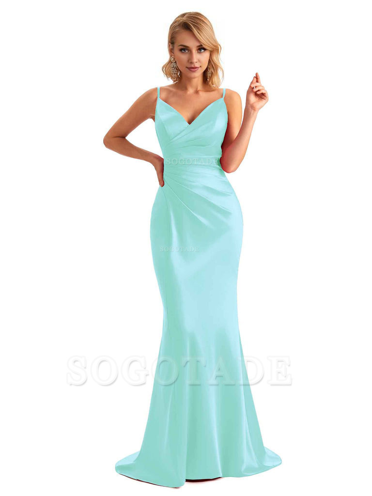  Sexy Backless Mermaid Spaghetti Straps Unique Long Formal Satin Dress For Women