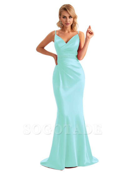  Sexy Backless Mermaid Spaghetti Straps Unique Long Formal Satin Dress For Women