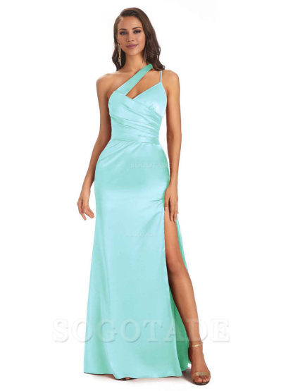 Elegant Soft Satin Side Slit One Shoulder Floor-Length Maxi Bridesmaid Dresses Evening Party Dress