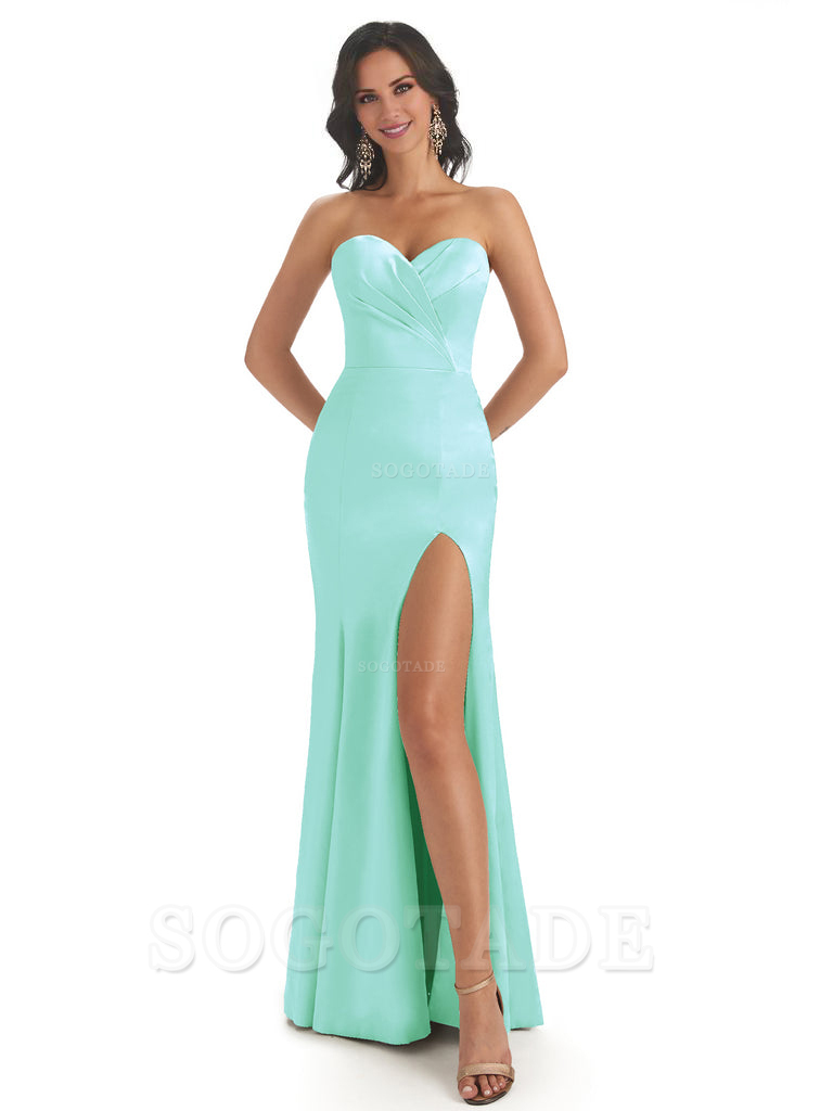 Simple Soft Satin Side Slit Sweetheart Long Mermaid Bridesmaid Dresses Elegant Evening Party Dress