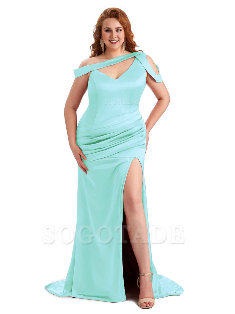 Sexy V-Neck Side Slit Unique Mermaid Soft Satin Long Plus Size Bridesmaid Dress For Wedding