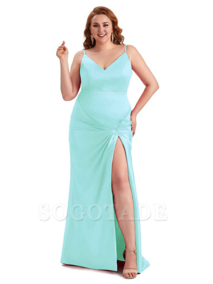 Sexy Spaghetti Straps V-neck Side Slit Mermaid Soft Satin Long Plus Size Bridesmaid Dress
