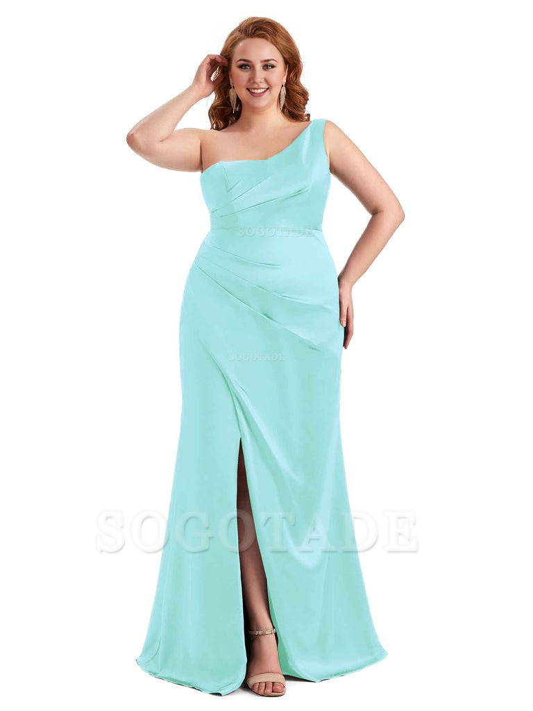 Sexy Side Slit One Shoulder Mermaid Long Plus Size Satin Maxi Dresses