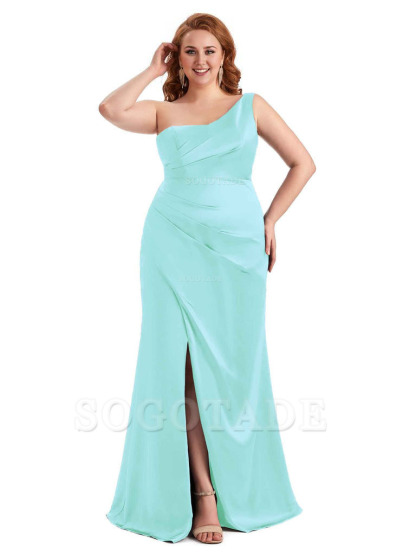 Sexy Side Slit One Shoulder Mermaid Long Plus Size Satin Maxi Dresses